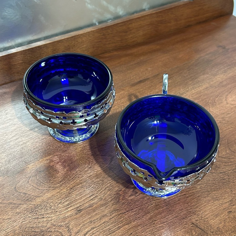 Cobalt Blue Cream & Sugar set with Silvertone Details - Vintage